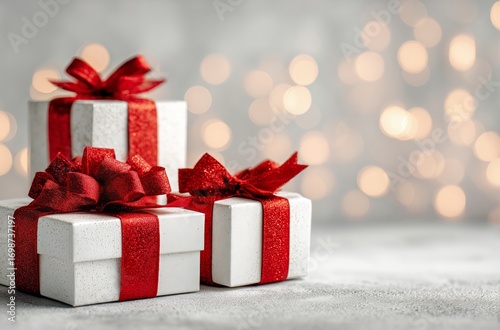 Beautifully Wrapped Festive Gifts With Red Ribbons on a Blurred Background of...