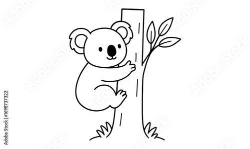 Adorable koala climbing tree in simple black and white outline sketch