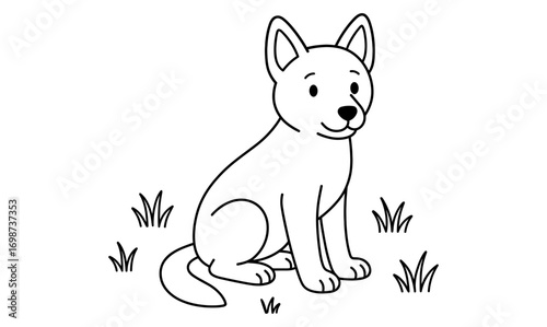 Cute line art puppy sitting on grass - black and white dog coloring page for kids