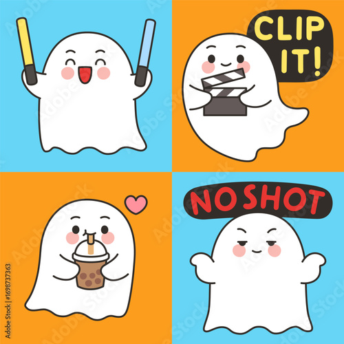 Cute Ghost Emotes Set with Lightsticks, Clip It Text, Drinking Boba, and No Shot Expression