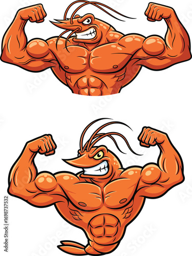 Two muscular cartoon shrimp flexing their arms isolated on white background