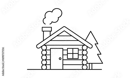 Cozy cabin with chimney and pine tree in minimalist linear style