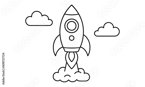 Minimalist rocket launch with clouds in linear outline style
