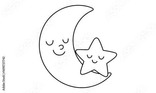 Cute sleeping moon and star with smiling faces in simple line art