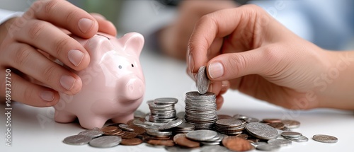 Hands of two individuals adding coins to a pink piggy bank with a pile of coins on a white table, symbolizing teamwork in saving