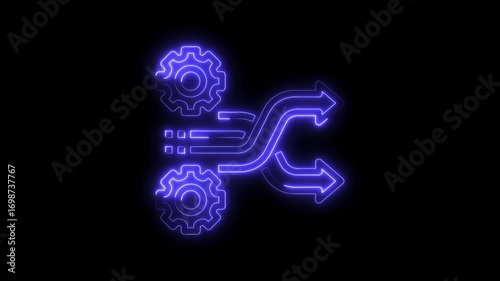 Abstract neon technology process animation with gears and dividing arrows on black background