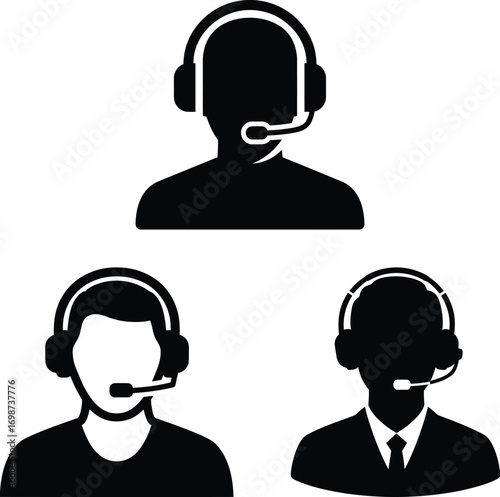 Customer service icons with headsets and microphones isolated on white background
