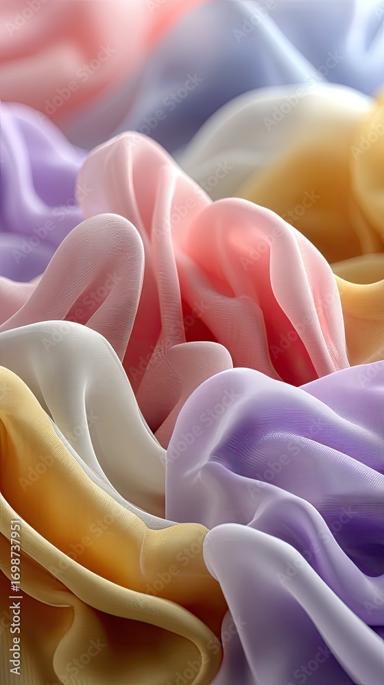 Fototapeta premium Soft, flowing textiles in various pastel colors overlap gracefully, forming an elegant and soothing visual composition on a dark surface