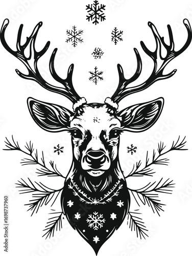 Elegant reindeer head with antlers, decorated with snowflakes and pine branches, symmetrical centered composition, thick black outline, clear line art 2