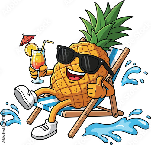 Cartoon pineapple character relaxing in a deck chair with a cocktail
