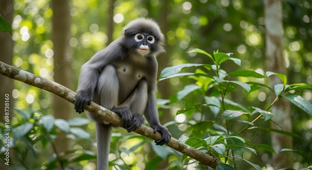 Obraz premium Dusky Langur Monkey Perched on Branch in Forest.