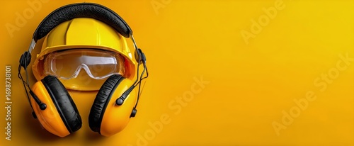 Safety Gear Displayed on a Bright Yellow Background for Protection at Work Si...