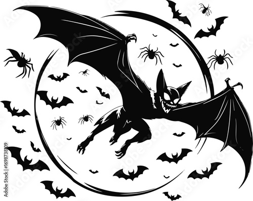 Flying vampire bat with spread wings, spiders and small bats around, circular layout, thick bold outlines, clean vector style 3
