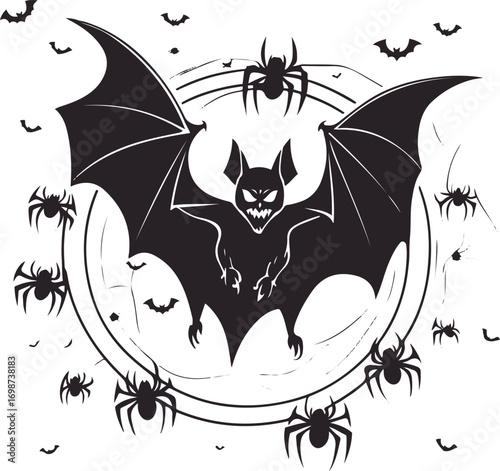 Flying vampire bat with spread wings, spiders and small bats around, circular layout, thick bold outlines, clean vector style 5