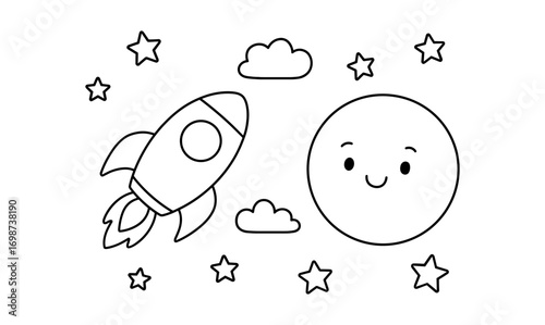 Cute rocket and smiling planet with stars and clouds in black and white
