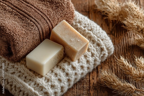 Natural Handmade Soap on Cozy Towels With Dried Plants in a Warm Setting