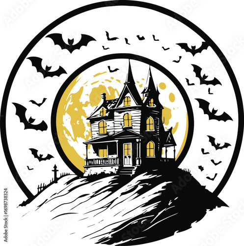 Haunted house on a hill with flying bats and full moon, arranged inside perfect circle, bold black outline, clean line art 1