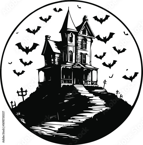 Haunted house on a hill with flying bats and full moon, arranged inside perfect circle, bold black outline, clean line art