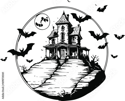 Haunted house on a hill with flying bats and full moon, arranged inside perfect circle, bold black outline, clean line art 3