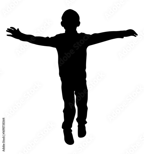 Silhouette of a happy child jumping with open arms, expressing joy and excitement. Vector illustration