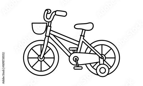 Outline drawing of a children's bicycle with training wheels and basket