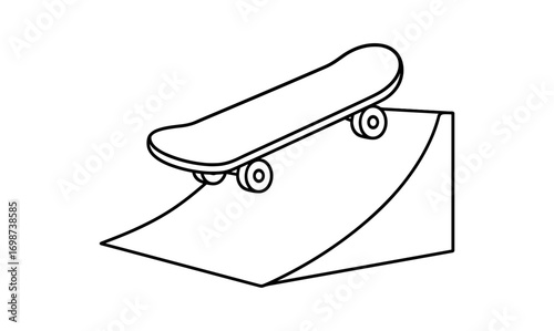 Minimalistic outline of a skateboard on a ramp in black and white