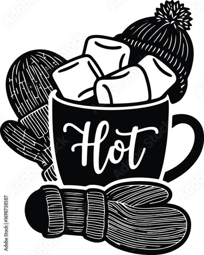 Hot chocolate mug with marshmallows, mittens, woolen hat arranged together, centered artwork, thick bold outline, cozy winter vector art