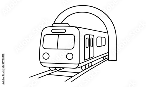 Linear outline of a train emerging from a tunnel