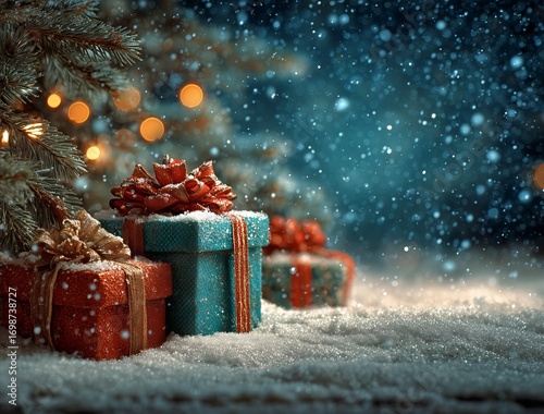 Christmas Decorations With Colorful Wrapped Gifts Under Snow and Lights