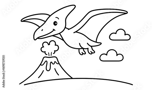 Cute cartoon pterodactyl flying over volcano with clouds