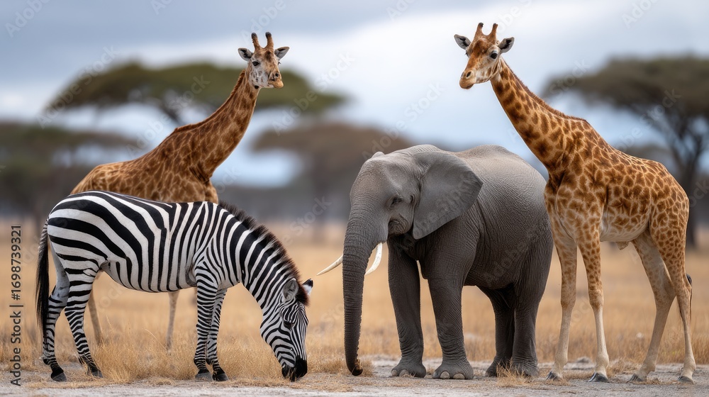 Obraz premium Giraffes and an elephant interact near grazing zebras in a beautiful savanna landscape with overcast skies, showcasing wildlife harmony