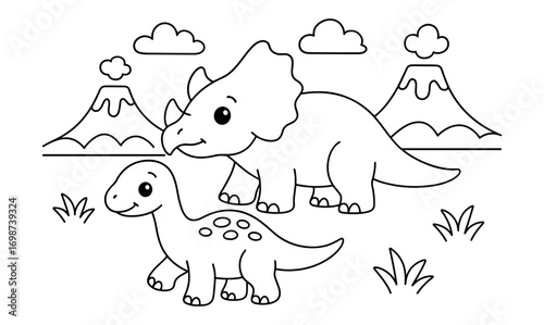 Cute dinosaur coloring page for kids with triceratops and brontosaurus in volcano landscape