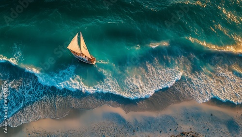 Sailing on Crystal Clear Waters During Sunset Near a Peaceful Beach.