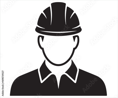 Silhouette of construction worker wearing safety helmet, engineer or builder icon in vector illustration, professional labor symbol for industry, architecture, maintenance, repair, and engineering des