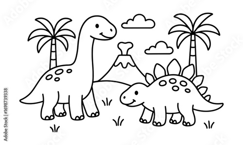 Cute dinosaur coloring page for kids with tropical scenery and volcano