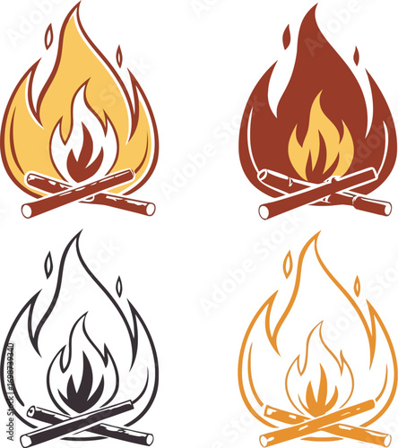 Four distinct campfire styles fiery flames burning wood warmth creative graphic elements vector
