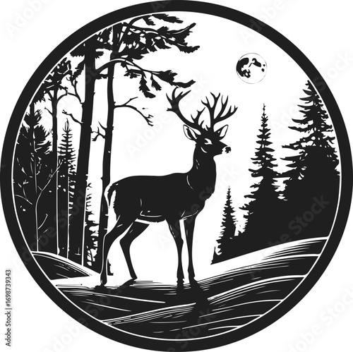 Silhouette of deer standing on snowy hill, pine forest and moon behind, all inside circular frame, thick bold outlines