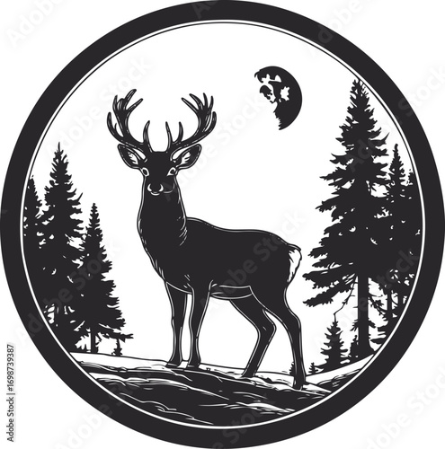 Silhouette of deer standing on snowy hill, pine forest and moon behind, all inside circular frame, thick bold outlines 1