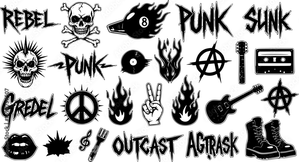 Naklejka premium Street Art Urban Sticker Set – Hand Drawn Punk Rock Tattoo Style, Funky Rebel Signs, Skull, Grunge Scribble Lettering, Music Groovy Print, Lips, Fire Flames, Boots Vector Illustration