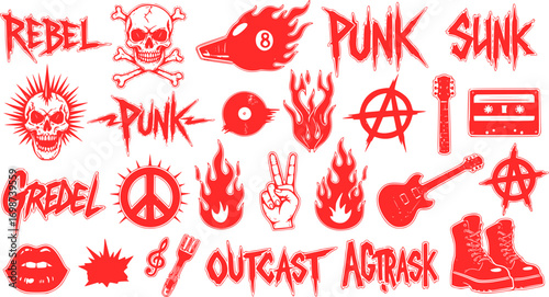 Street Art Urban Sticker Set – Hand Drawn Punk Rock Tattoo Style, Funky Rebel Signs, Skull, Grunge Scribble Lettering, Music Groovy Print, Lips, Fire Flames, Boots Vector Illustration