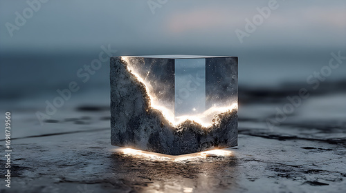 Fototapeta Naklejka Na Ścianę i Meble -  Glowing Cube on Dark Stone Surface