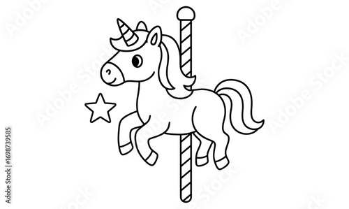 Adorable carousel unicorn outline with star for coloring activities