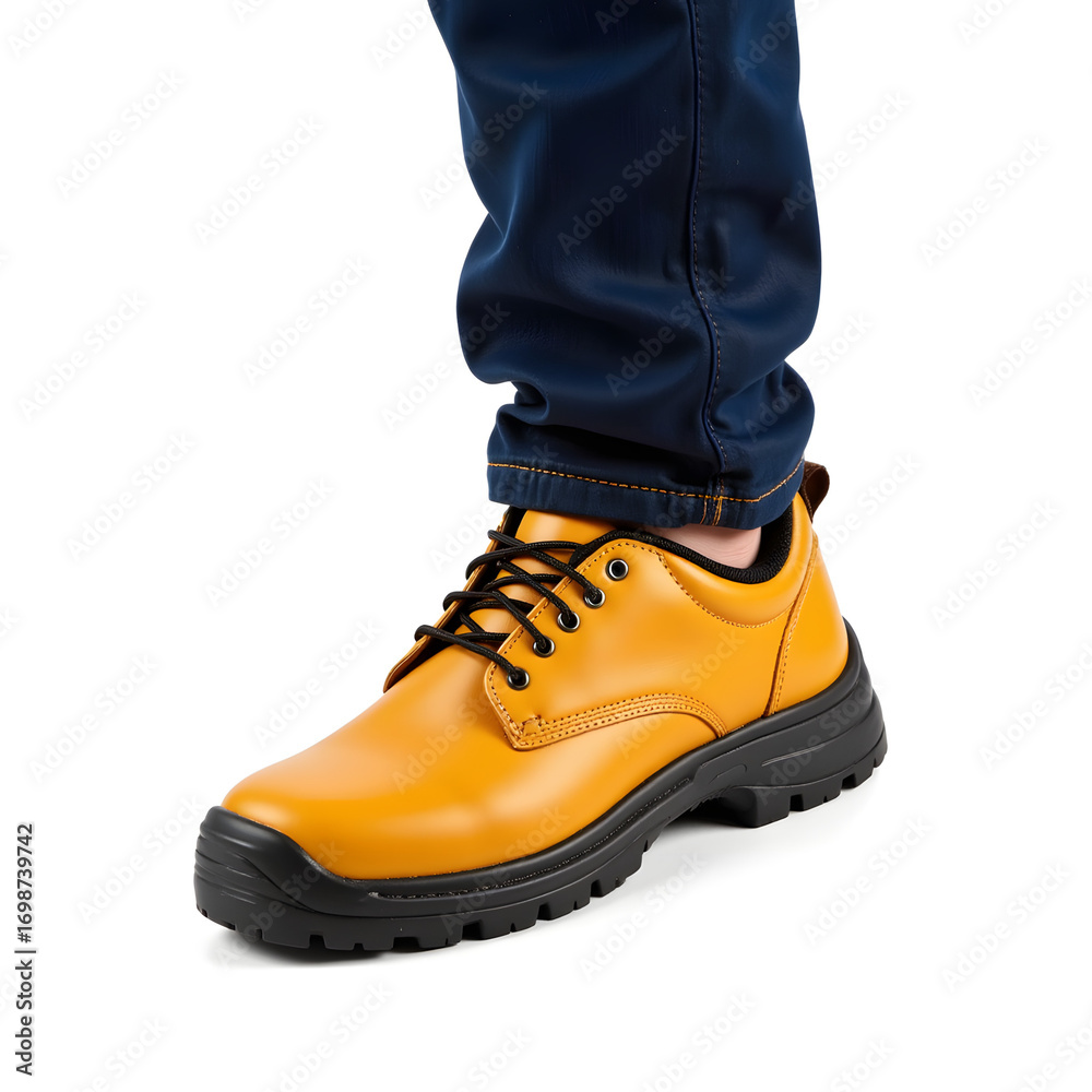 Safety shoe foot isolated on white background, protective footwear