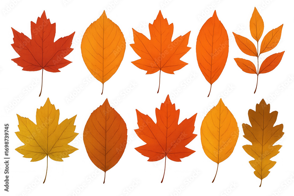 Fototapeta premium Set of realistic colorful autumn leaves falling from trees on transparent background, creating a vibrant and seasonal image