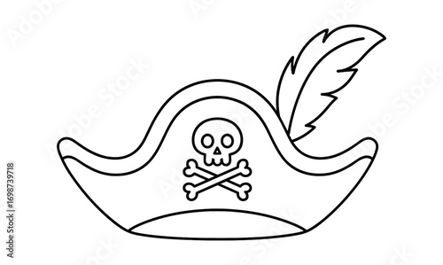 Pirate hat with skull and feather outline for halloween and nautical themes