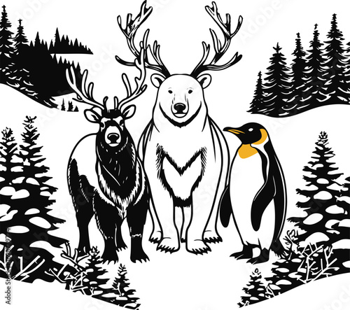 winter animals – reindeer, polar bear, penguin – standing together in snowy landscape, cohesive centered scene, thick outline