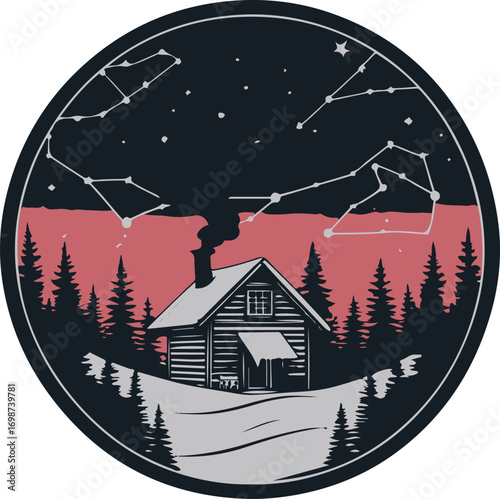 Winter cabin with smoke, starry sky and pine trees, arranged inside a circular frame, thick black outline, bold clean line art, hoodie front print, no text 1