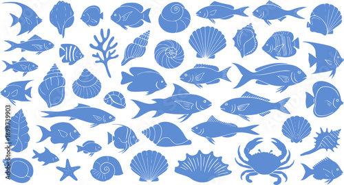 Marine Life Print Set, Vector Ocean Animal Graphics, Summer Coastal Beach Silhouettes, Hand-Drawn Underwater Nautical Doodles with Fish, Shells, Crabs, and Conch Icons