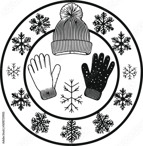  Winter elements collage – hat, gloves, snowflakes, pine cones – arranged inside circle, bold clear outlines, cohesive line art 2