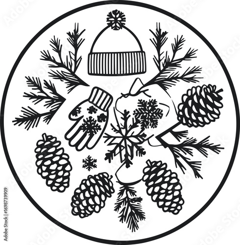Winter elements collage – hat, gloves, snowflakes, pine cones – arranged inside circle, bold clear outlines, cohesive line art
